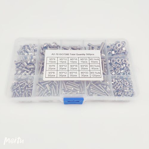 304 stainless steel 500pcs boxed set M3M4M5 pan head screws bolts nuts round head hexagonal screws