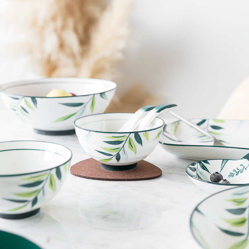 Big Sale Hand-Painted Underglaze Green Shade Ceramic Bowls and Plates Tableware Household Deep Soup Plates Creative Scandinavian Style Fish Plates