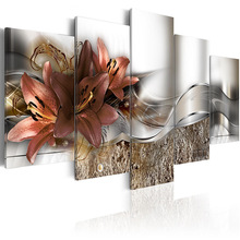 现代简约五联三色百合花抽象画 喷绘画 创意沙发背景墙装饰画挂画