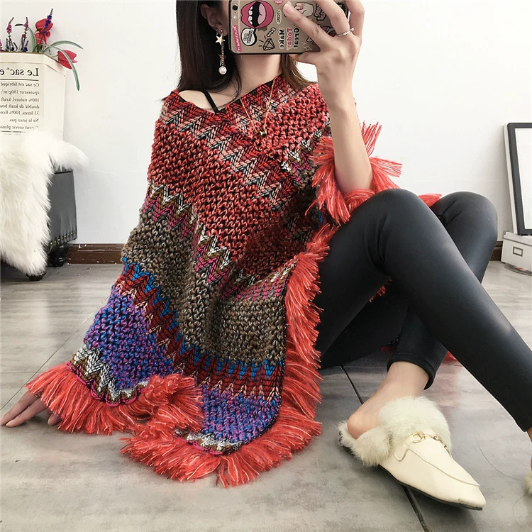 Ethnic trench coat, knitted cloak, summer set, scarf with tassels, long jacket for leisure