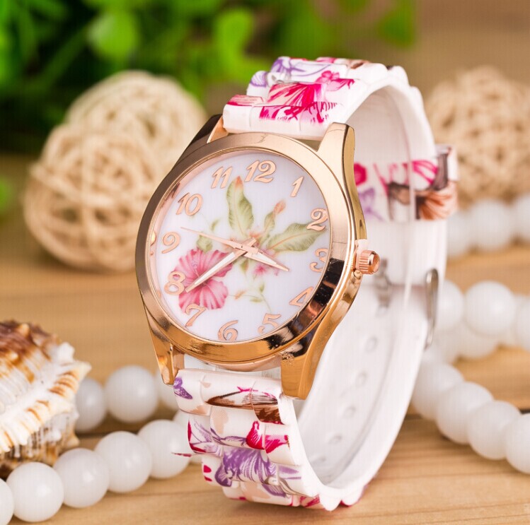 Cross-Border Hot-Selling Silicone Patterned Geneva Silicone Watches, Printed Floral Watches Wholesale