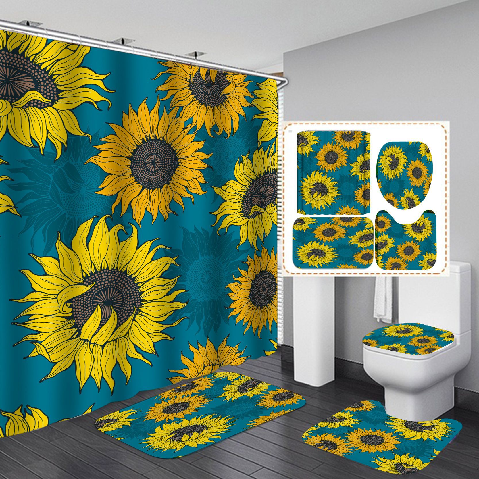 Transfronterizo caliente girasol caliente HD Impresión digital impermeable baño ducha cortina fabricantes suministro directo Cortina de ducha al por mayor