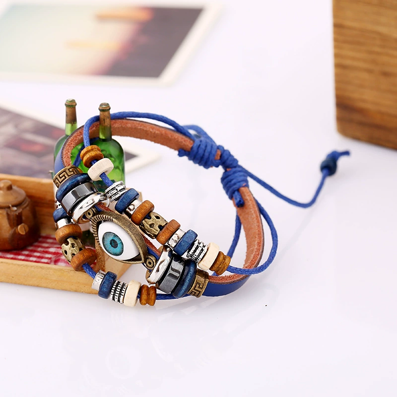 Leather Bracelet (Ponton) — Beaded Cowhide Multi-Layer Bracelet with Eye Charm, Adjustable