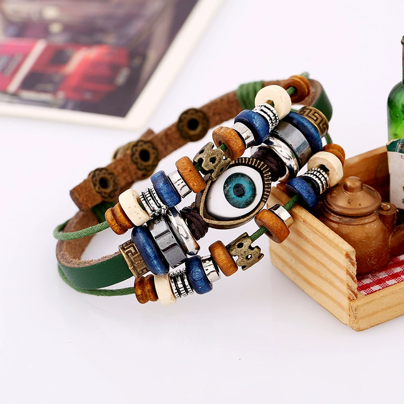Leather Bracelet (Ponton) — Beaded Cowhide Multi-Layer Bracelet with Eye Charm, Adjustable