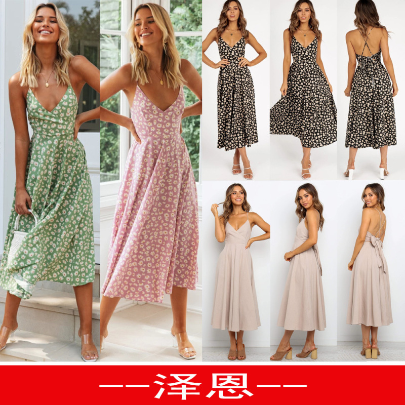 ebay Hot Sale Amazon New wish Hot Sale Little Daisy Floral Backless Lace-Up Bow Dress