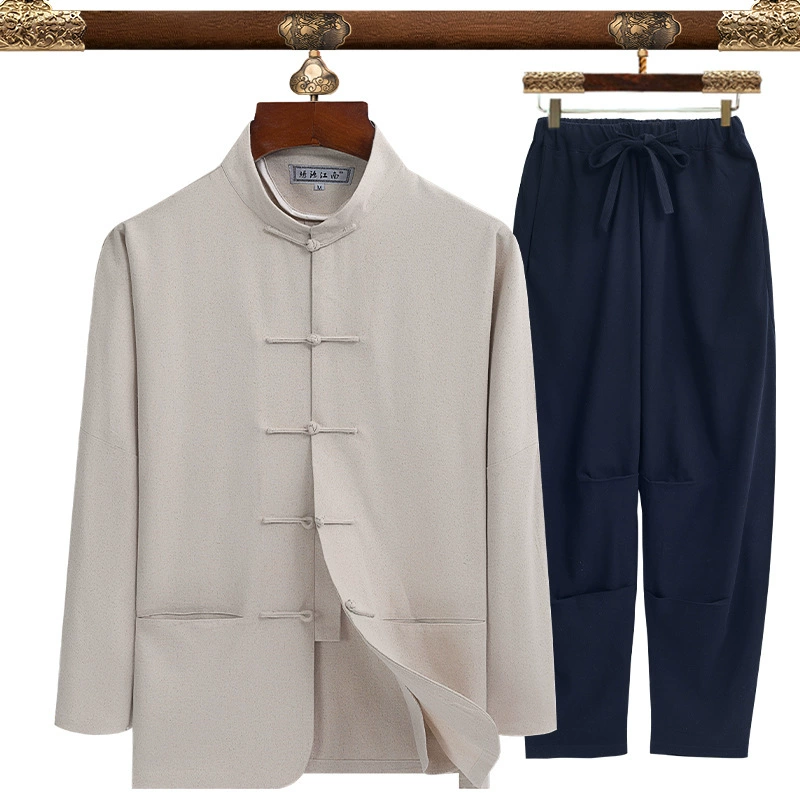 Костюм для папы Летний 40 лет 50, костюм Тан с короткими рукавами и длинными рукавами для средних лет, дедушка, летний мужской льняной костюм в китайском стиле