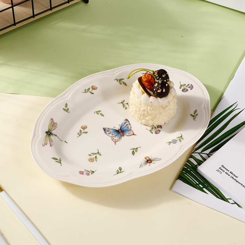 Creative Retro Pastoral Insect Dragonfly Butterfly Bee Printed Ceramic Tableware Plate Western Food Plate Household Fish Plate