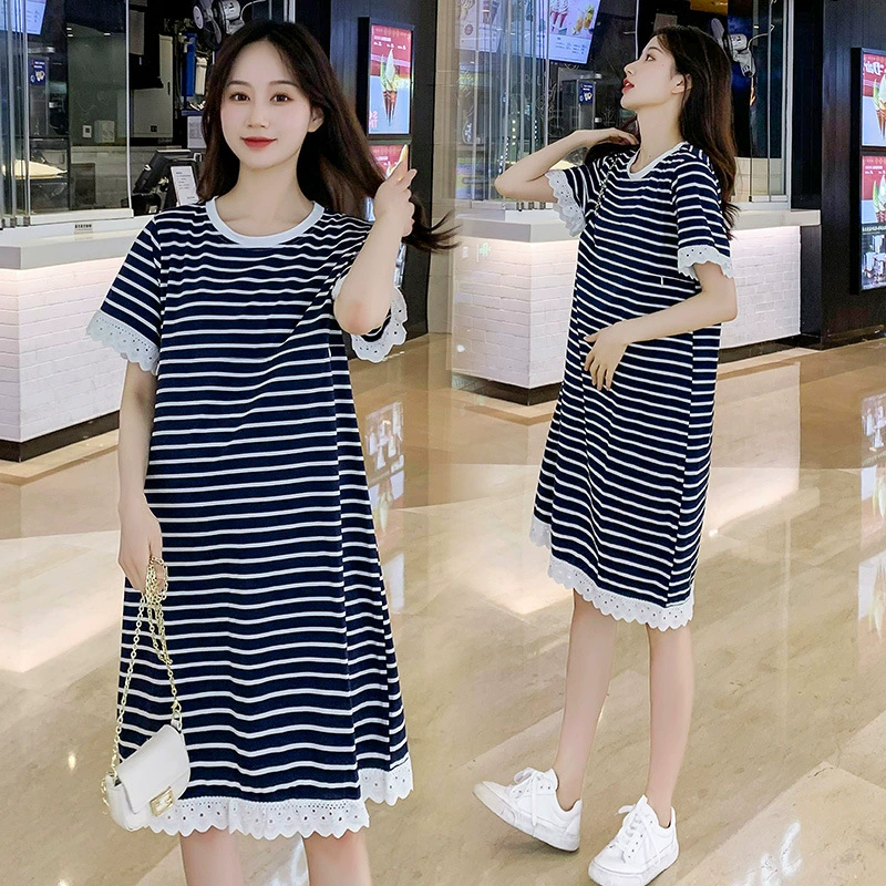 Летнее платье для беременных 2025: новое, средней длины, в полоску, с лоскутным кружевом, для кормящих мам