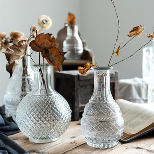 Madrid Fine Mouth Transparent Creative European Style Retro Embossed Glass Vase Living Room Palace Flower Ornaments