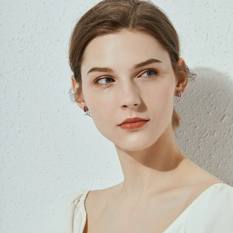 Серьги (HUDIESHUO) серебро 925, европейский стиль, тюльпан с цветным камнем
