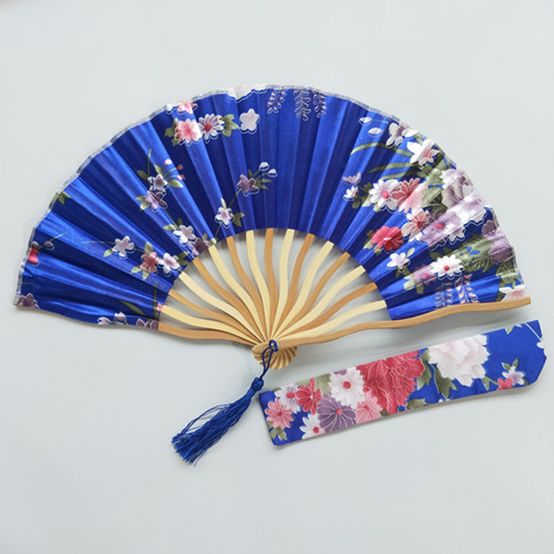 Transfronterizo de satén dragón ventilador más bolsa de ventilador S ventilador de hueso blanco cheongsam rendimiento dama ventilador 15 colores opcionales