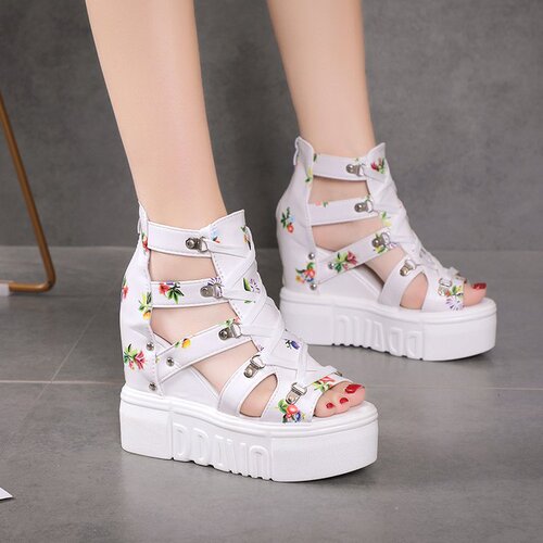High-heeled sandals women's summer new style thick sole platform wedge students hollow fish mouth height-increasing Roman sandals