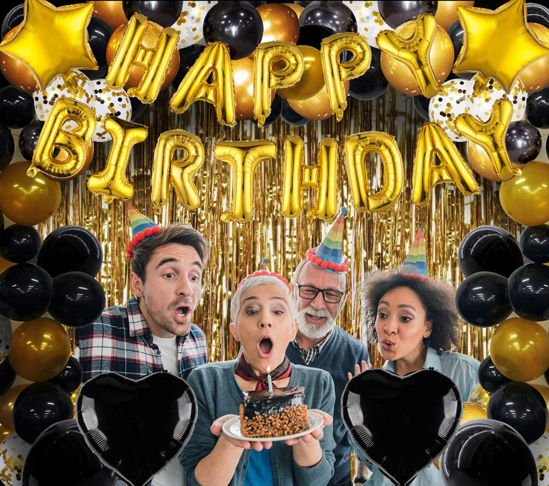16-pulgadas negro oro Feliz cumpleaños carta traje globo negro lentejuelas lluvia cortina de seda transfronteriza fiesta suministros traje
