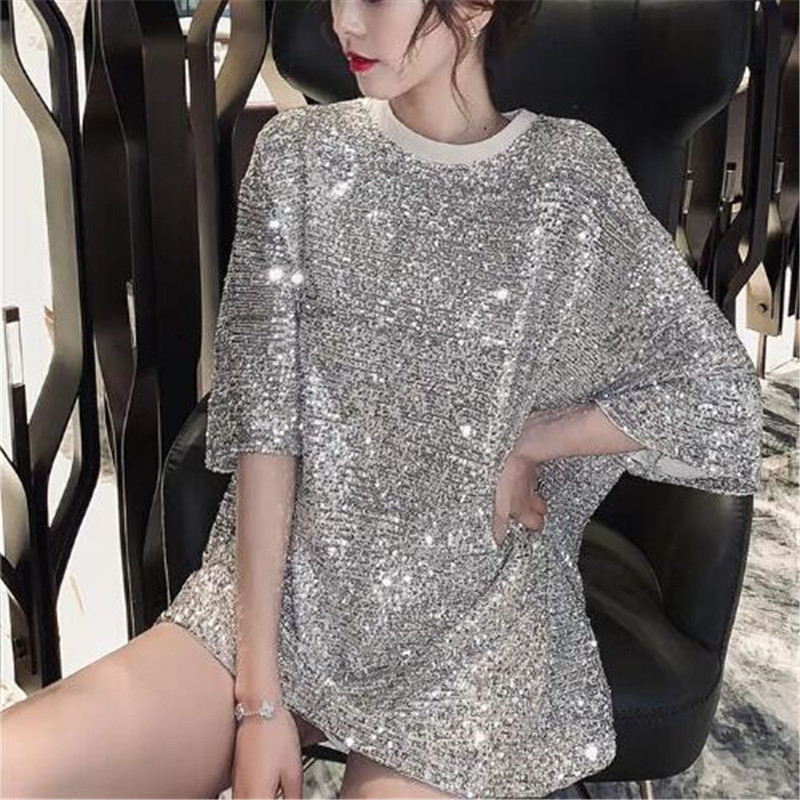 2026 Summer New Korean Style Loose Slimming Sequin Heavy-Duty Blingbling T-Shirt Casual Short-Sleeved T-Shirt for Women
