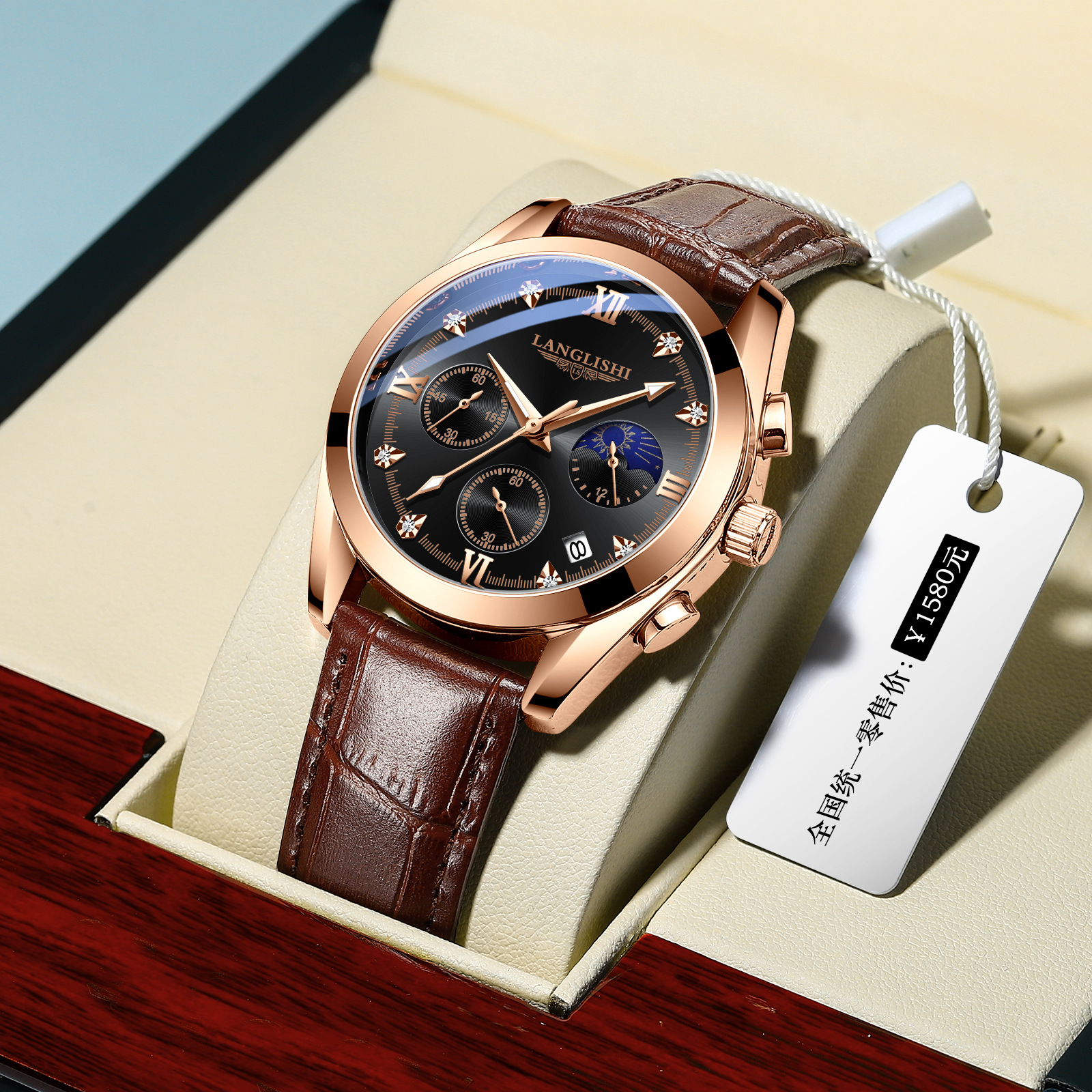 Nuevo reloj luminoso con calendario resistente al agua para hombre de Langlish, reloj deportivo de cuarzo de cuero a la moda de estilo coreano para estudiantes masculinos image 2