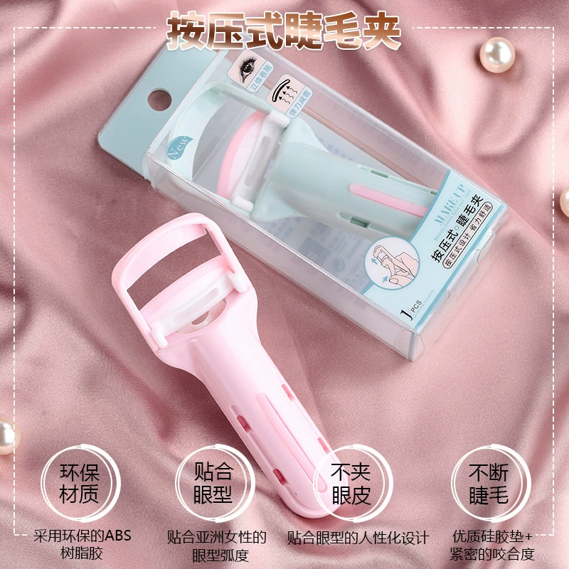 Curling eyelash curler Marian, press-style ABS handle, ergonomic silicone pad — pink/green