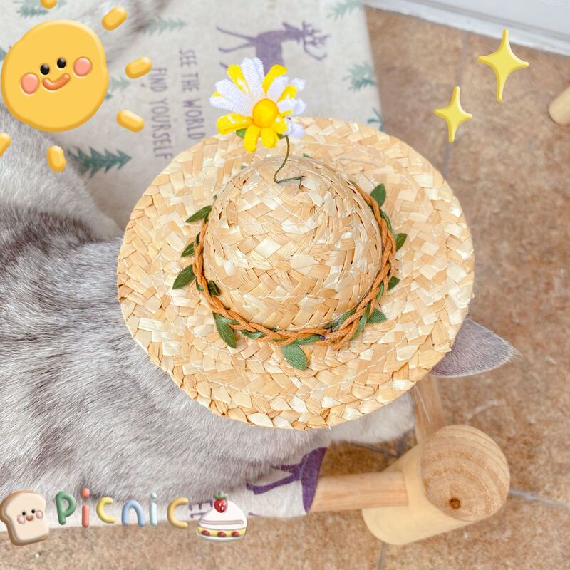 Pet Cat Dog Rabbit Summer Straw Hat Small Daisy Willow Leaf Cute Pet Decoration Internet Celebrity Hat Photography Props Cartoon