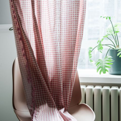 Finished curtain pink plaid tassel Japanese style small window kitchen curtain cotton and linen semi-shading bay window single piece factory direct sale