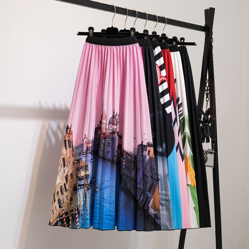 New skirt women's European and American ebay Amazon cross-border explosion overskirt printed cartoon pleated skirt wholesale