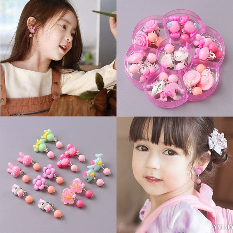 Детские клипсы для ушей в корейском стиле без проколов, мультяшные серьги для девочек, набор детских украшений с коробкой для хранения, прямые поставки с фабрики