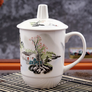 Jingdezhen ceramic white Conference Cup ceramic cup business office Cup with lid water cup hotel household Cup Chinese style