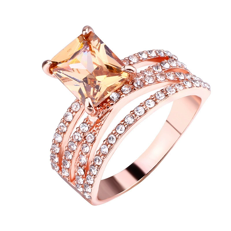 Golden zirconium, ring with stone, wedding ring, ebay, 14 carat, pink gold, European style, champagne color
