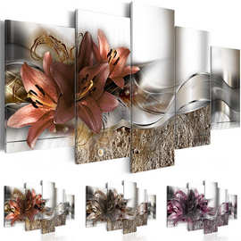 现代简约五联三色百合花抽象画 喷绘画 创意沙发背景墙装饰画挂画