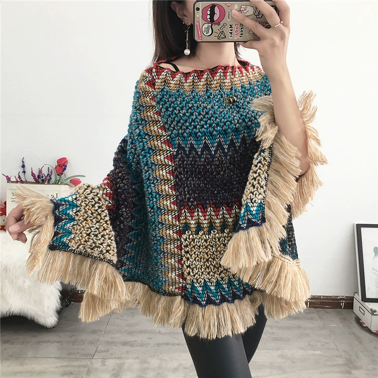 Ethnic trench coat, knitted cloak, summer set, scarf with tassels, long jacket for leisure