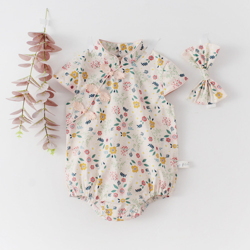 INS  summer baby girl Hanfu Hanyi Chinese style baby cheongsam cotton sleeveless jumpsuit romper