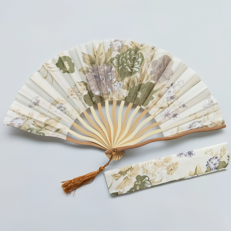 Transfronterizo de satén dragón ventilador más bolsa de ventilador S ventilador de hueso blanco cheongsam rendimiento dama ventilador 15 colores opcionales