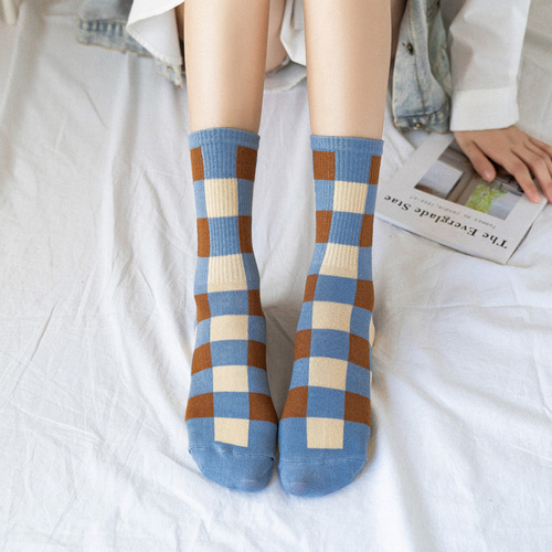 Spring and summer medium tube INS trendy socks for women British plaid fashion women's socks