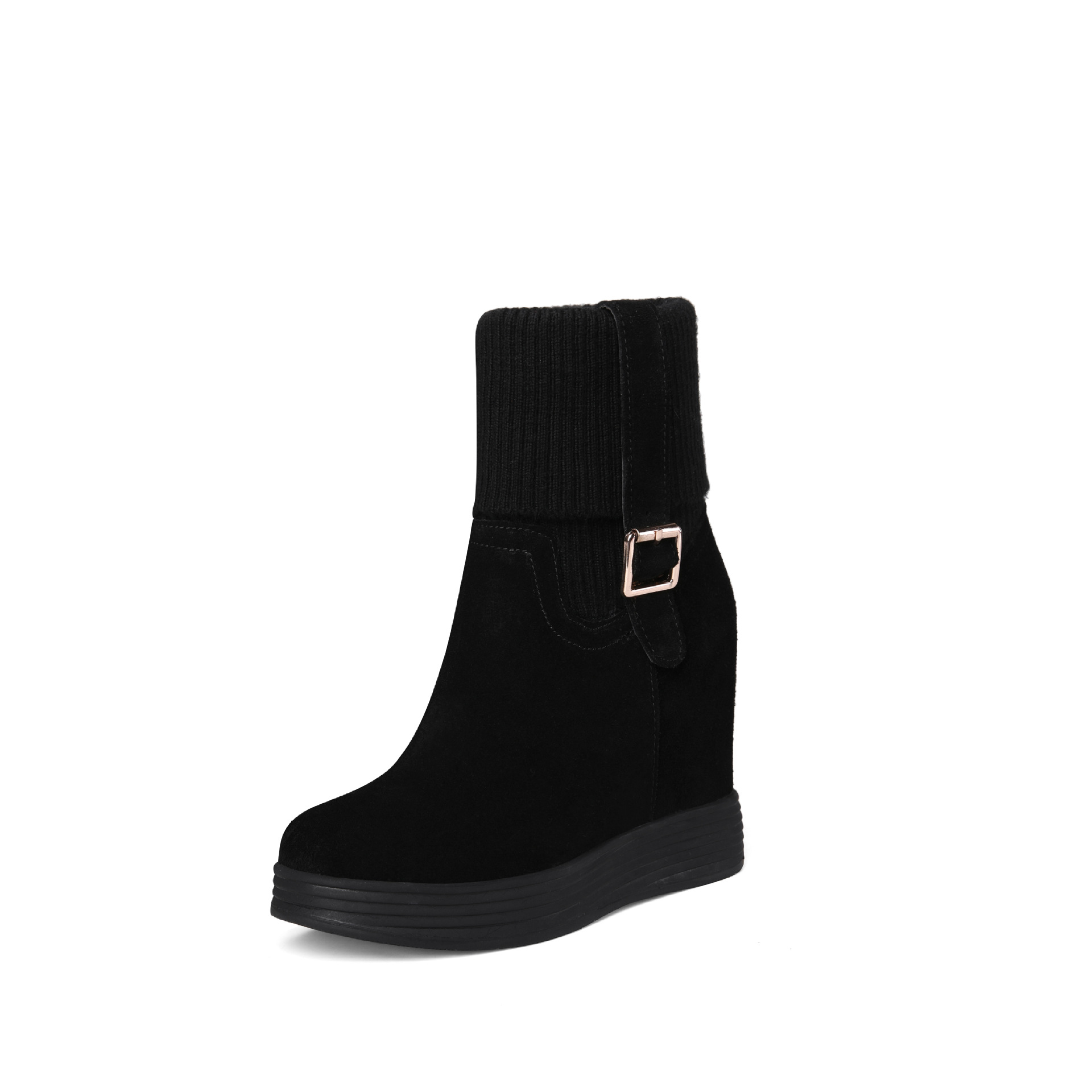 Boot cổ thấp nữ tăng chiều cao 12 cm đế xuồng phong cách Hàn Quốc — Lông cừu đen