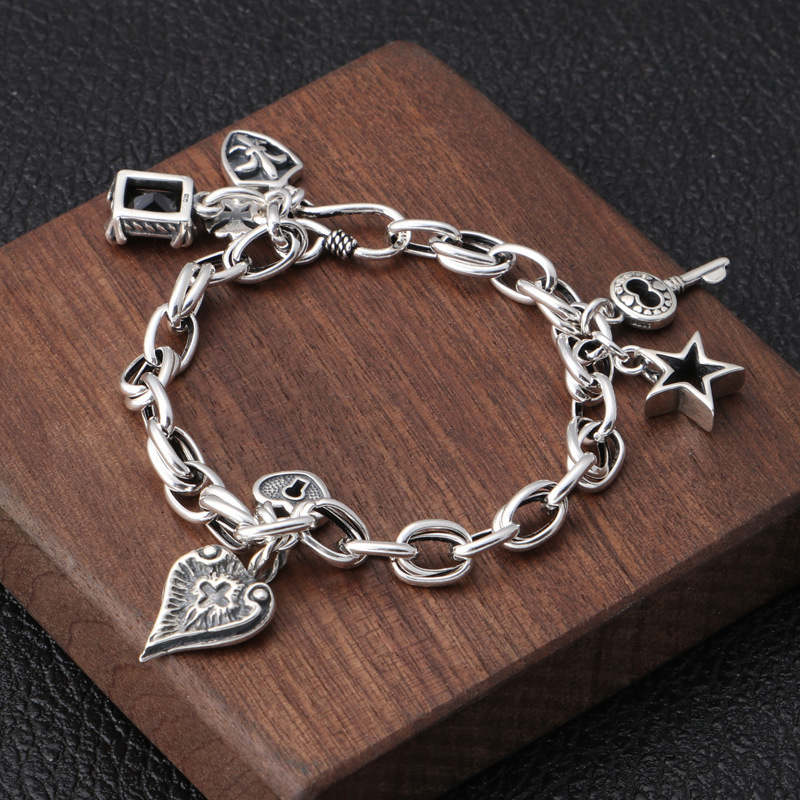South Korea Vintage Cross Bracelet Women's S925 Silver Plated Love Five-pointed Star Bracelet Student Key Hand Jewelry Trendy