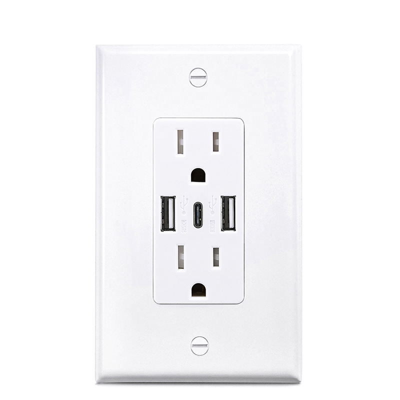 亚马逊新款6孔双USB美标墙面插座  6A 美式USB插座带Type-C