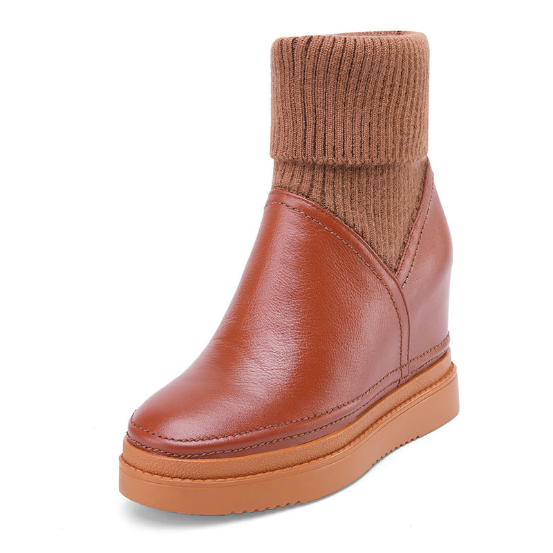Giày boot nữ cổ thấp phong cách Hàn Quốc, tăng chiều cao, dốc gót, dễ phối đồ — Màu nâu lót nhung