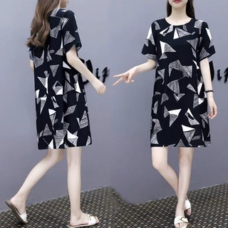 2025韩版新款欧洲站胖MM连衣裙短袖女显瘦宽松中长款a字裙夏装潮