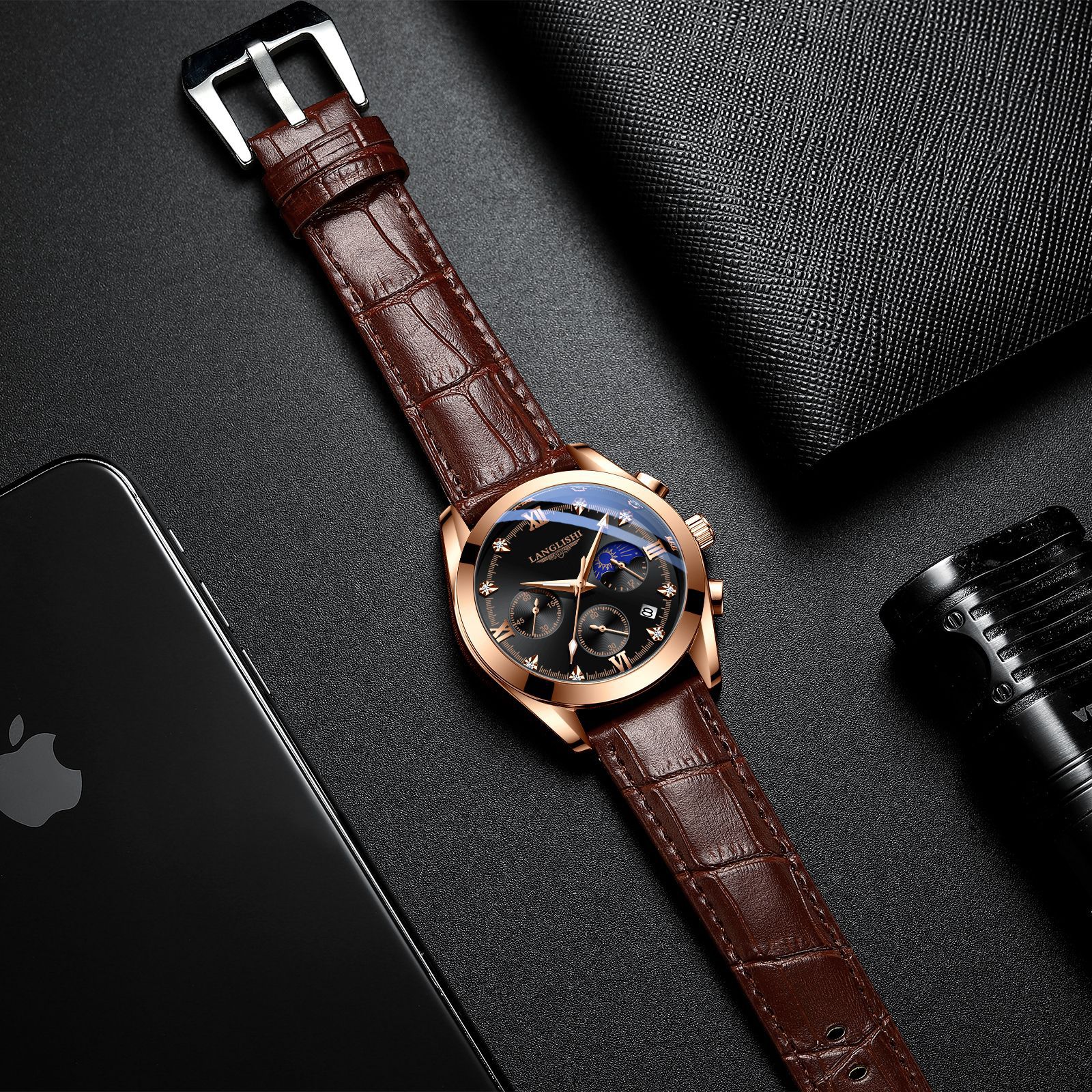 Nuevo reloj luminoso con calendario resistente al agua para hombre de Langlish, reloj deportivo de cuarzo de cuero a la moda de estilo coreano para estudiantes masculinos image 3