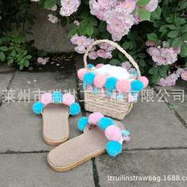 ins新款绣球流苏草编沙滩包套装 女休闲草编手提包精美泰国风拖鞋