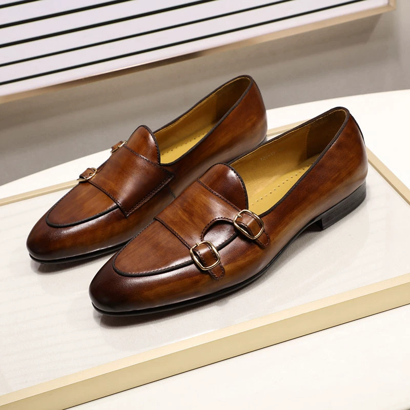 Мужские повседневные туфли Explosion Monk Strap с двумя пряжками и длинными носками из коровьей кожи. Мужские туфли Mengke Monk.