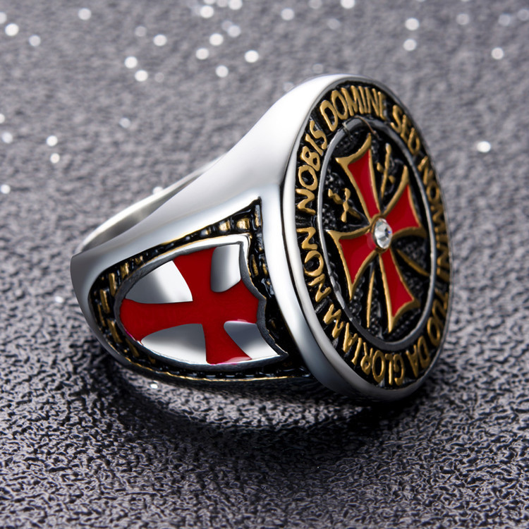 Morning wish Cross-border Aggressive Templar Cross English Exaggerated Men's Ring Diamond Ring Gift