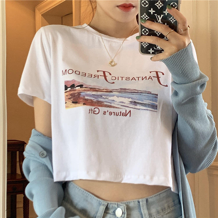 2024 New Summer Korean Style Hyun-tasted Style Cary Machine Inner Short-sleeved T-shirt Navel-exposed Short Top Women's Instagram Fashion