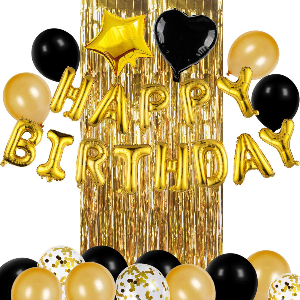 16-pulgadas negro oro Feliz cumpleaños carta traje globo negro lentejuelas lluvia cortina de seda transfronteriza fiesta suministros traje