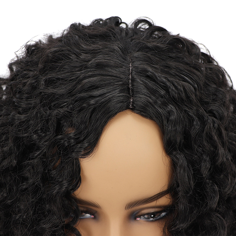 Synthetic wig Short style synthetic fiber with screws small black wig headband center split curled headband_voghion.com