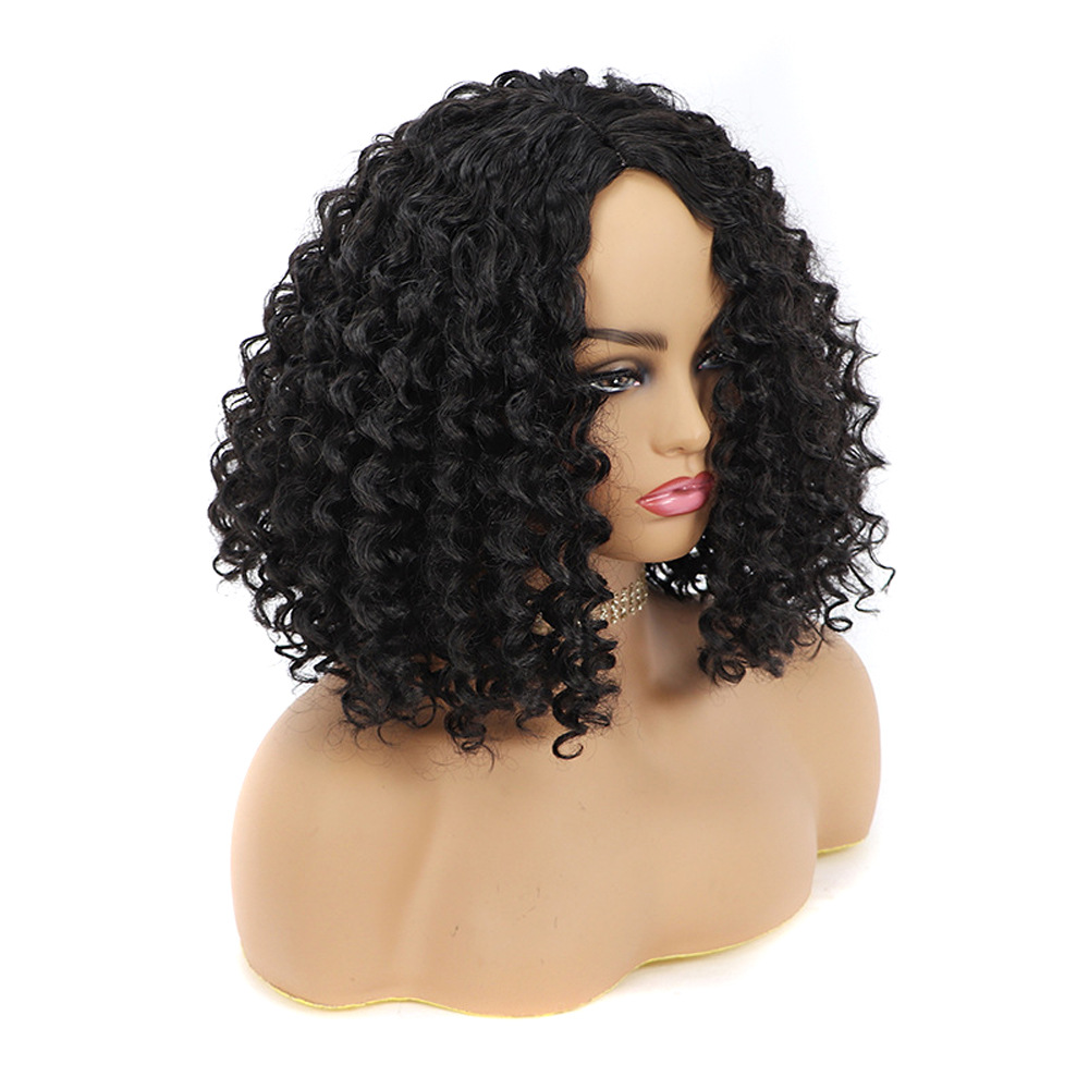 Synthetic wig Short style synthetic fiber with screws small black wig headband center split curled headband_voghion.com