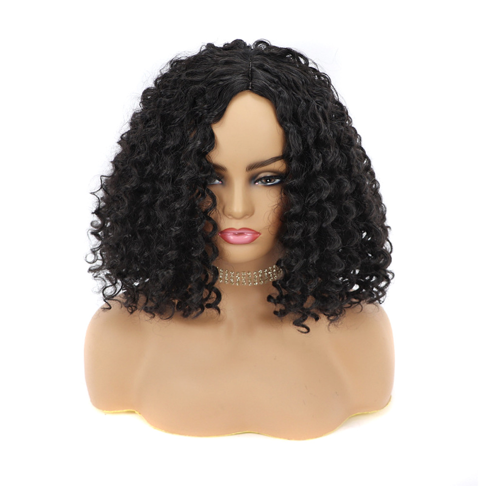 Synthetic wig Short style synthetic fiber with screws small black wig headband center split curled headband_voghion.com