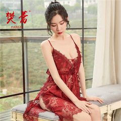 Sexy lingerie European and American large size 180 pounds tempting sexy hollow lace suspender nightgown women's transparent provocative pajamas