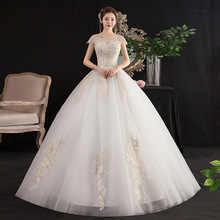 2024新款欧美新娘蕾丝 一字肩露背绑带齐地公主韩版显瘦婚纱礼服