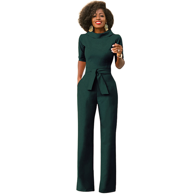AliExpress Amazon otoño nueva moda ropa de mujer europea y americana de color sólido solapa de cinco cuartos de manga de cintura alta de pierna ancha mono image 7