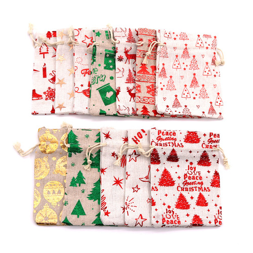 Hot stamping printed gifts can be filled with apple Christmas bag, drawstring cotton linen Christmas Eve Christmas candy bag