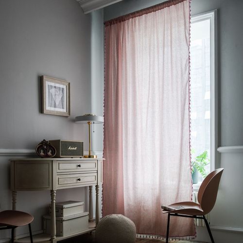 Finished curtain pink plaid tassel Japanese style small window kitchen curtain cotton and linen semi-shading bay window single piece factory direct sale
